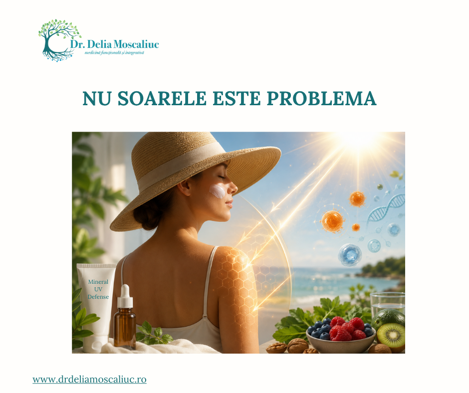 Relația noastră cu soarele a devenit, în ultimii ani, una marcată de teamă. Din perspectiva medicinei funcționale, pielea nu este doar o barieră mecanică, ci un organ endocrin complex, un bio-senzor care traduce lumina în semnale metabolice esențiale. Soarele poate fi cel mai bun aliat al sănătății noastre sau un factor de stres oxidativ, în funcție de modul în care înțelegem să interacționăm cu el. Radiațiile UV: Ce se întâmplă la nivel celular Lumina solară care atinge pielea este compusă în principal din două tipuri de radiații ultraviolete, fiecare având un impact diferit asupra organismului: • Radiațiile UVB (Ultraviolete B): Acestea sunt „radiațiile de suprafață”. Ele penetrează epiderma și sunt responsabile pentru stimularea sintezei de vitamina D. UVB activează precursorii de colesterol din piele, transformându-i în forma biologic activă a acestui hormon steroid vital. • Radiațiile UVA (Ultraviolete A): Acestea penetrează mult mai adânc în derm, afectând structura de colagen și elastină. UVA nu produc arsura imediată, dar sunt responsabile pentru generarea masivă de radicali liberi. Aceștia sunt principalii vinovați pentru foto-îmbătrânirea pielii, degradarea ADN-ului celular și apariția petelor pigmentare. Provocarea majoră este că, dacă ne protejăm exclusiv pentru a evita roșeața (arsura cauzată de UVB), putem ignora efectul cumulativ al radiațiilor UVA. Un produs de protecție trebuie să fie „cu spectru larg” pentru a bloca ambele tipuri de radiații. Vitamina D și paradoxul protecției solare Vitamina D este esențială pentru sistemul imunitar, densitatea osoasă, funcția mitocondrială și sănătatea emoțională. O eroare frecventă în dermatologia convențională este recomandarea evitării totale a soarelui sau utilizarea excesivă a cremelor cu SPF ridicat încă de la primele minute de expunere. Din punct de vedere funcțional, strategia optimă implică o expunere controlată și gradată. 15-20 de minute de soare direct pe o suprafață mare a corpului, în orele când radiația UVB este prezentă (dar înainte de a atinge pragul de eritem/arsură), sunt suficiente pentru a stimula producția de vitamina D. Odată ce am obținut această doză, protecția devine esențială pentru a preveni degradarea prin UVA. Filtrele de protecție: Ce alegem și de ce? Produsele de protecție solară nu sunt toate la fel. Putem împărți piața în două mari categorii: 1. Filtre chimice: Acestea funcționează prin absorbția energiei UV și transformarea ei în căldură. Multe dintre aceste substanțe (precum oxibenzona) sunt absorbite prin piele și pot acționa ca disruptori endocrini. De asemenea, sub acțiunea căldurii solare, moleculele unor filtre chimice se pot destabiliza, devenind ele însele surse de radicali liberi. 2. Filtre minerale (Oxid de Zinc și Dioxid de Titan): Acestea acționează ca o „oglindă” fizică, reflectând radiațiile. În medicina funcțională, recomandăm varianta „non-nano”. Particulele non-nano sunt prea mari pentru a penetra bariera cutanată și a ajunge în fluxul sanguin, oferind o protecție stabilă, hipoalergenică și sigură pentru integritatea celulară. Foto-îmbătrânirea: Cum se degradează pielea Când pielea este expusă la soare fără nicio formă de protecție, apare stresul oxidativ. Radicalii liberi atacă membrana celulelor și descompun fibrele de colagen. Rezultatul este un proces accelerat de îmbătrânire: piele subțire, cu textură neuniformă, riduri adânci și pierderea tonusului. Protecția nu este doar externă. Ea se construiește din interior prin susținerea capacității naturale de apărare a organismului: • Antioxidanții sistemici: Substante precum Astaxantina (un pigment din microalge), Vitamina C, Vitamina E și polifenolii din fructele de pădure și ceaiul verde funcționează ca un „SPF intern”, crescând pragul de toleranță al pielii la stresul oxidativ provocat de UVA. Recomandări practice pentru o protecție eficientă • Bariera mecanică: Hainele din in sau bambus, pălăriile cu boruri largi și umbra rămân cele mai sigure metode de protecție. • Momentul potrivit: Expune-te moderat în prima parte a zilei pentru sinteza de vitamina D, apoi limitează expunerea directă în intervalul orar 11:00 – 16:00. • Citirea etichetelor: Caută produse care conțin oxid de zinc non-nano și evită produsele cu parfumuri adăugate sau conservanți problematici (precum parabenii). • Regenerarea nocturnă: Pielea se repară cel mai eficient noaptea. Somnul profund este momentul când procesele de reparare a ADN-ului celular, afectat de radiații, sunt la apogeu. Lipsa somnului înseamnă o „reparație” incompletă, ceea ce duce la acumularea daunelor solare pe termen lung.